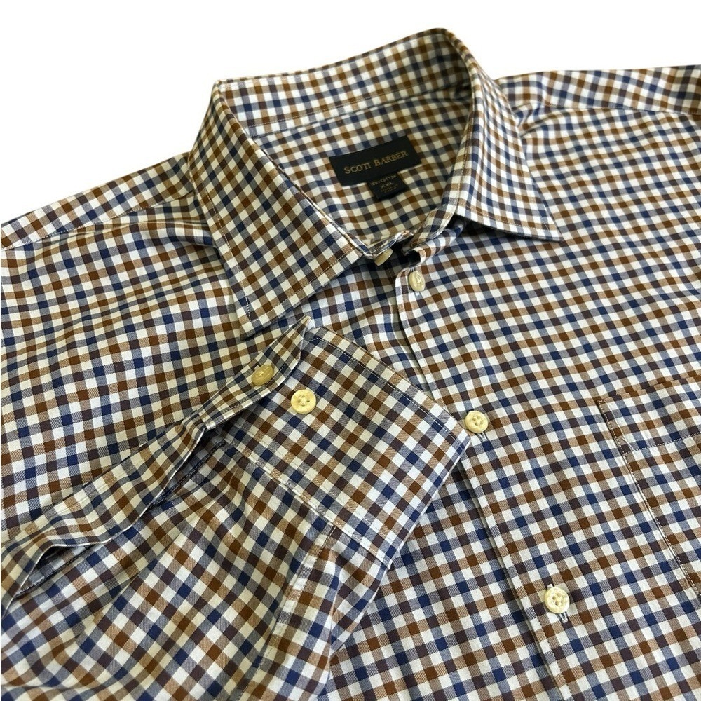 SCOTT‎ BARBER Men's Cotton Gingham Check Shirt Brown Navy Blue White XXL